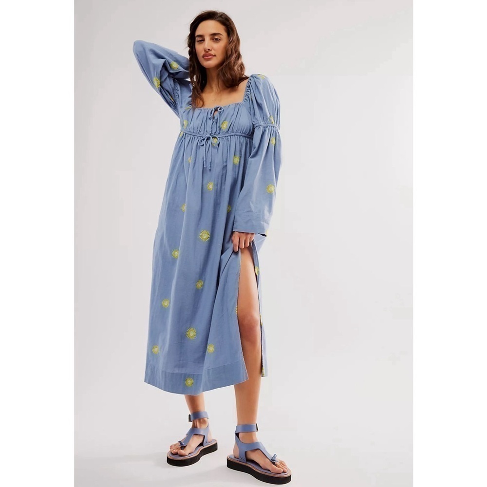 Free People Emory Embroidered Sun Chambray Midi Dress Cotton Linen Puff Sleeve